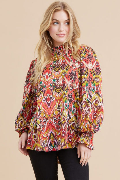 ruffle neck abstract print long sleeve blouse