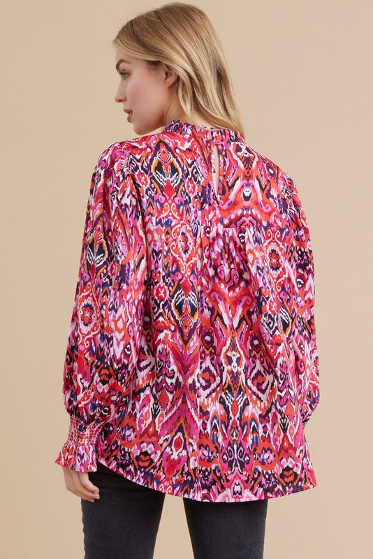 ruffle neck abstract print long sleeve blouse