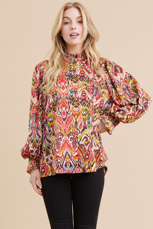 ruffle neck abstract print long sleeve blouse