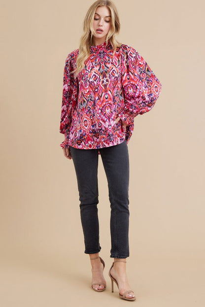 ruffle neck abstract print long sleeve blouse