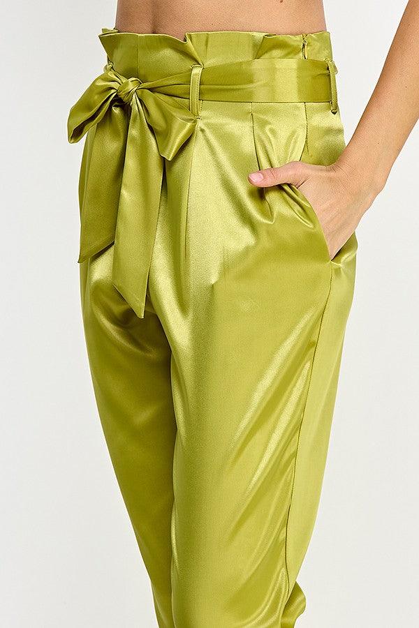 satin taper leg paper bag waist pants - RK Collections Boutique