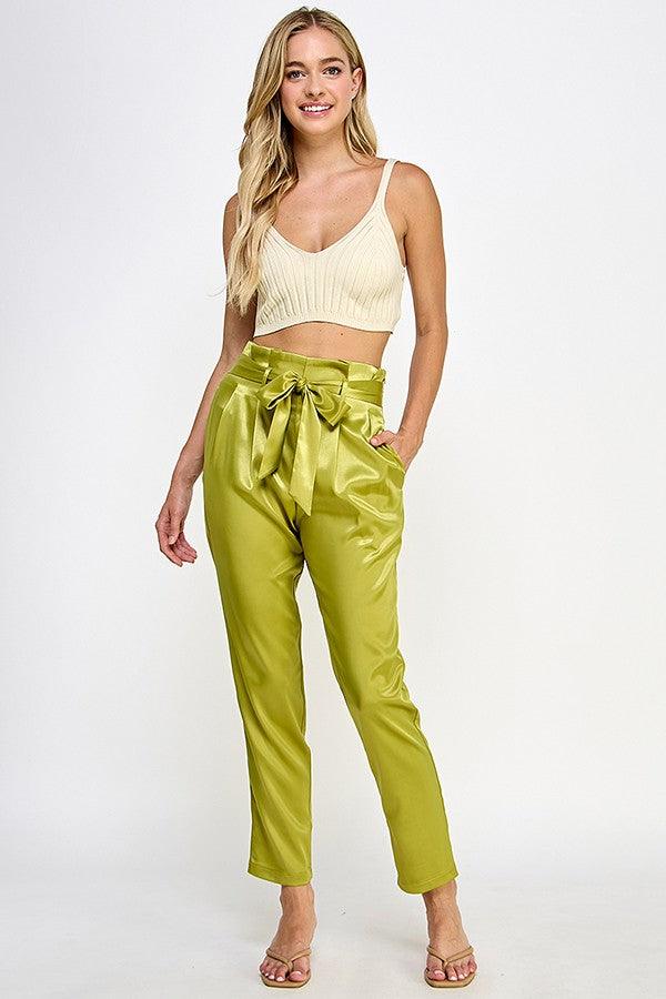 satin taper leg paper bag waist pants - RK Collections Boutique