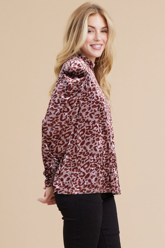 Leopard Velvet Puff Sleeve Top