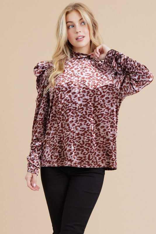 Leopard Velvet Puff Sleeve Top