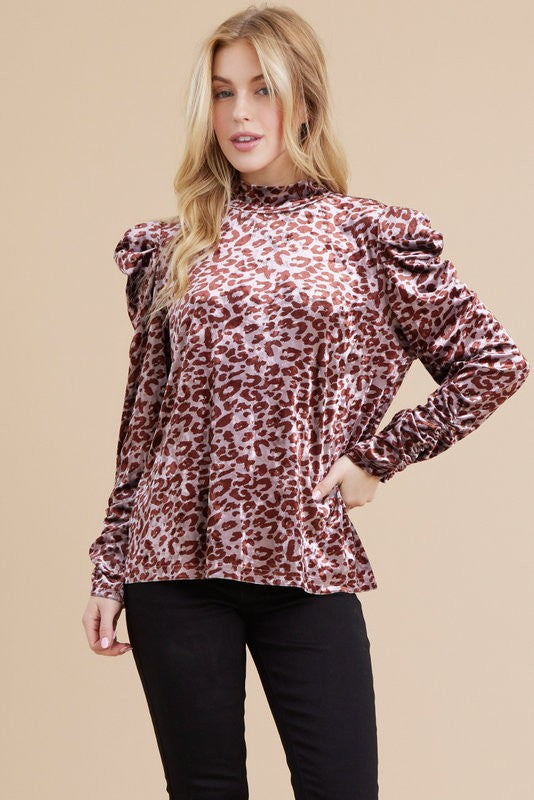 Leopard Velvet Puff Sleeve Top