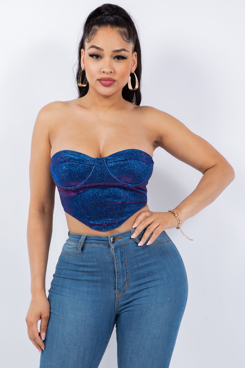 2 tone iridescence strapless crop bustier