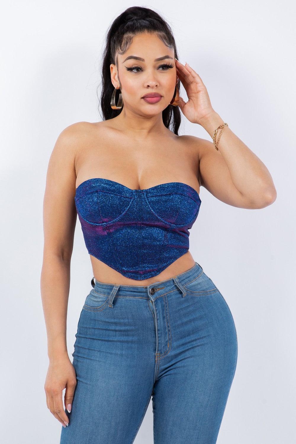 2 tone iridescence strapless crop bustier