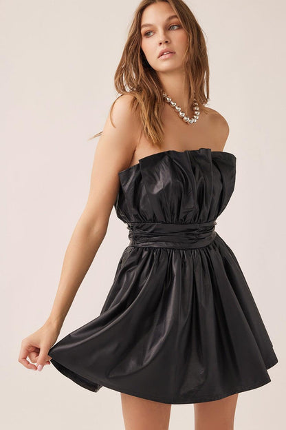 faux leather strapless fit & flare pleated dress - RK Collections Boutique