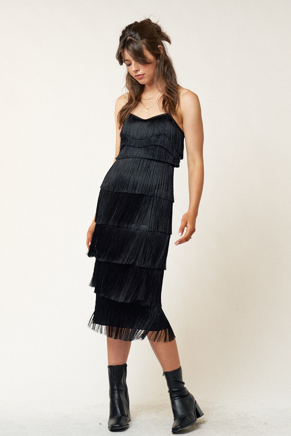 tiered fringe midi dress