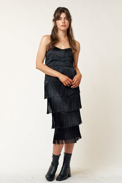 tiered fringe midi dress