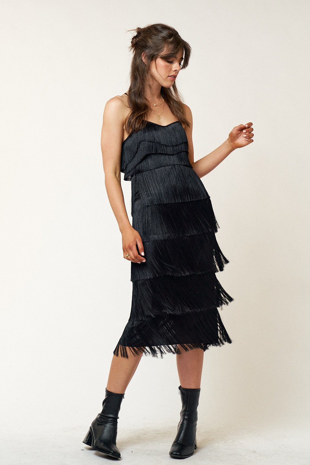 tiered fringe midi dress