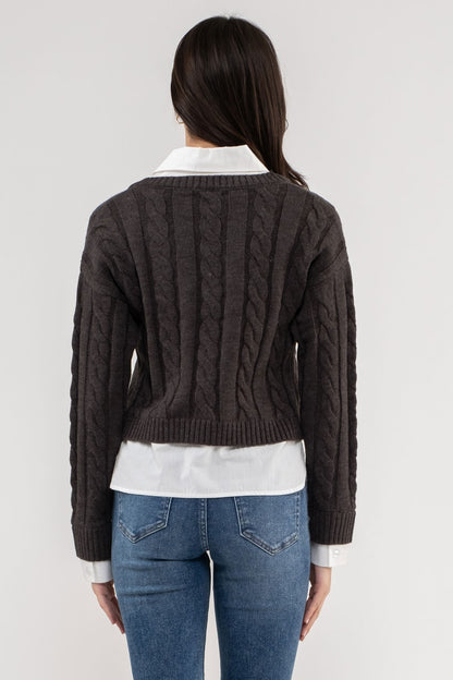 layered look cable v-neck crop sweater