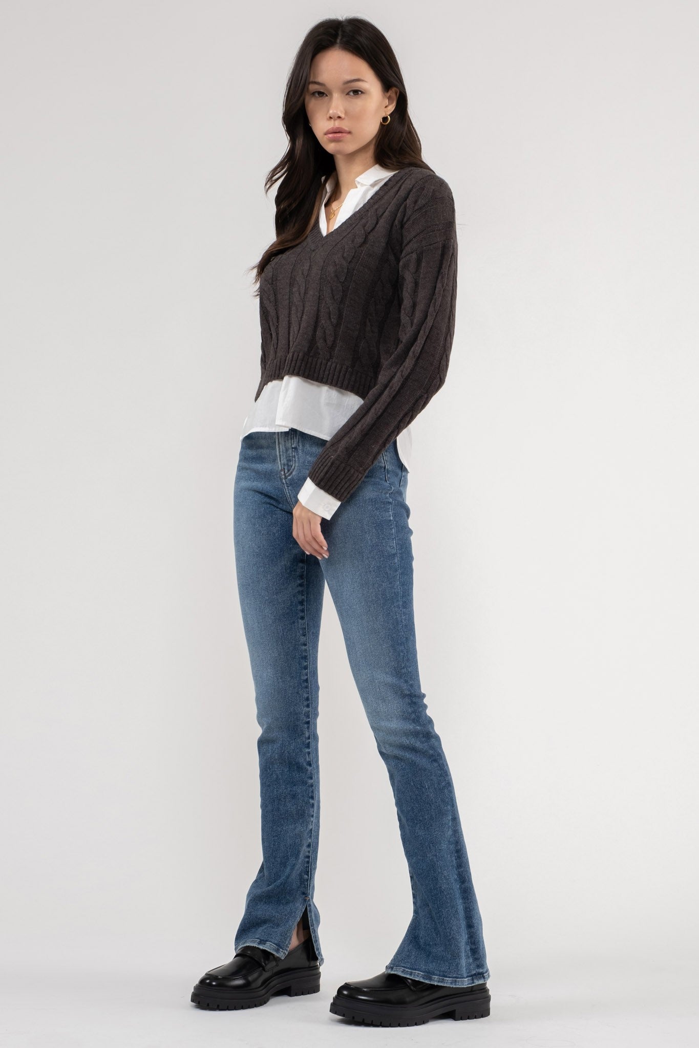 layered look cable v-neck crop sweater