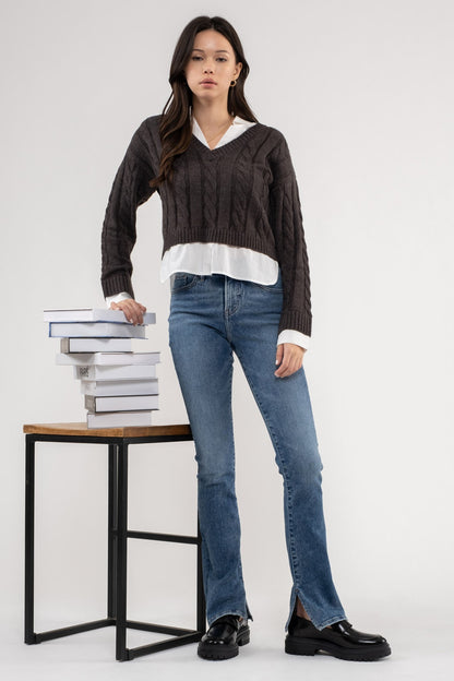 layered look cable v-neck crop sweater