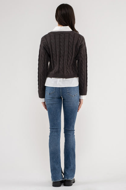 layered look cable v-neck crop sweater