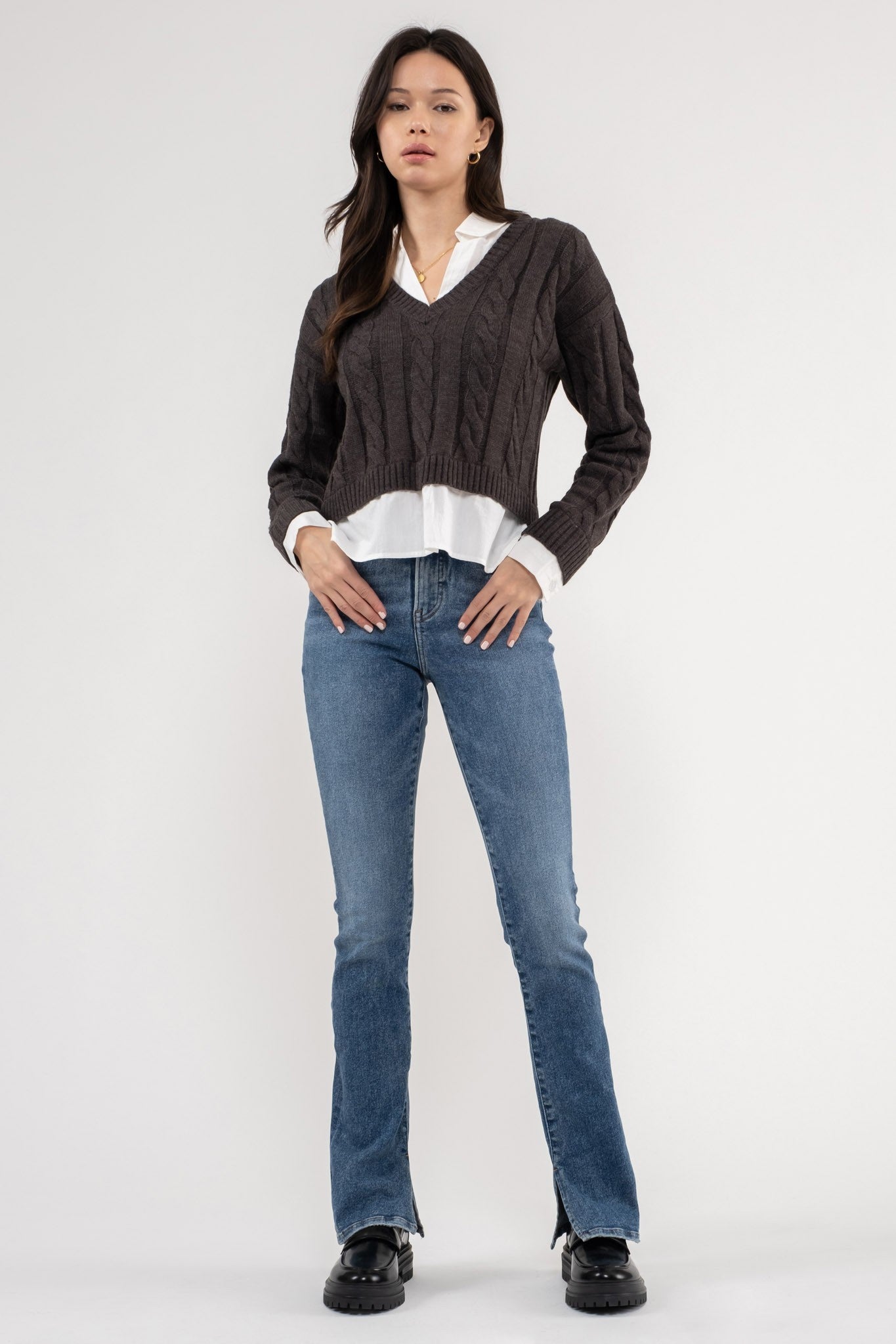 layered look cable v-neck crop sweater