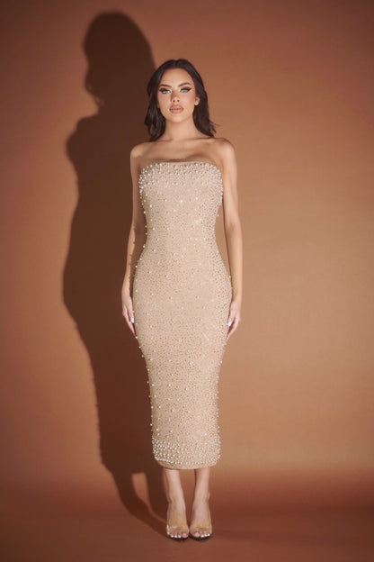 Strapless Rhinestone & Pearl Midi Dress