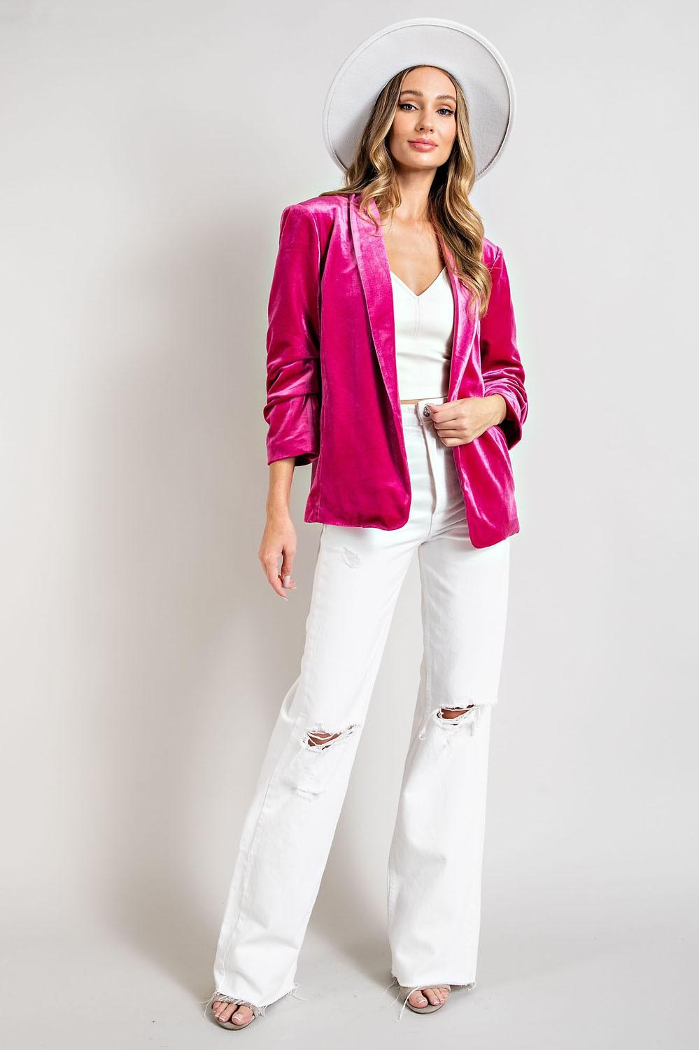 velvet 3/4 ruched sleeve blazer - RK Collections Boutique