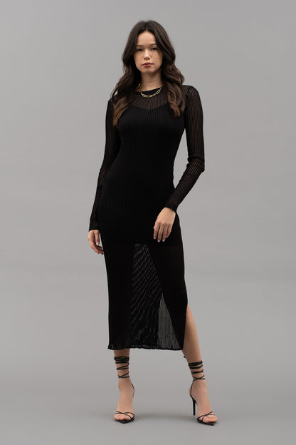 sheer sleeve ribbed knit midi dress