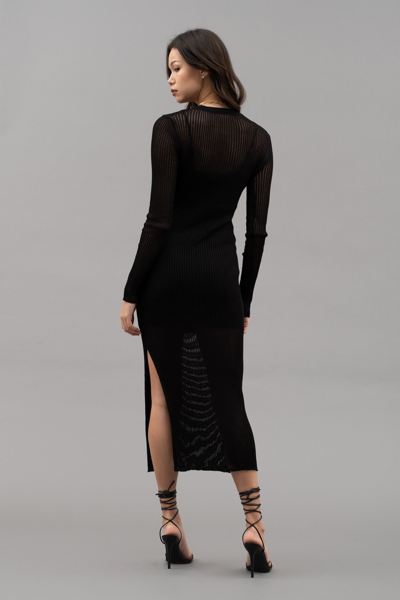 sheer sleeve ribbed knit midi dress