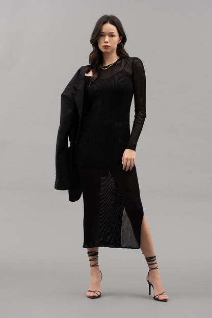 sheer sleeve ribbed knit midi dress