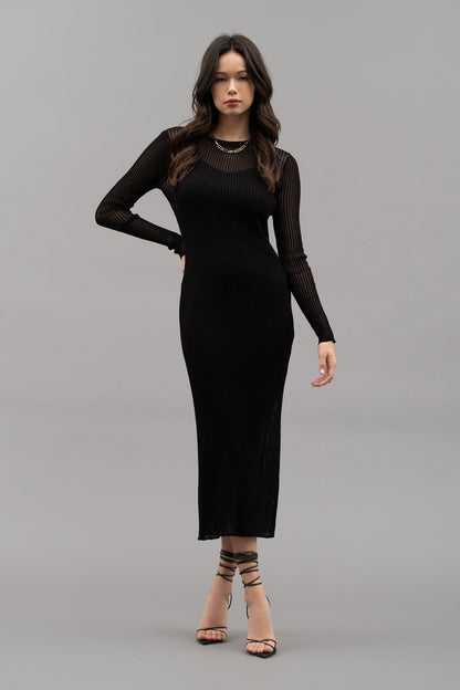 sheer sleeve ribbed knit midi dress