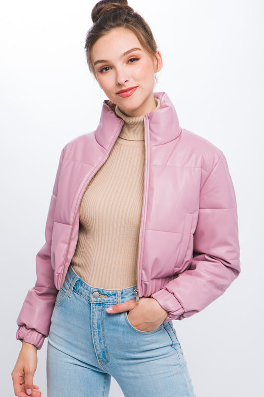 faux leather crop puffer jacket