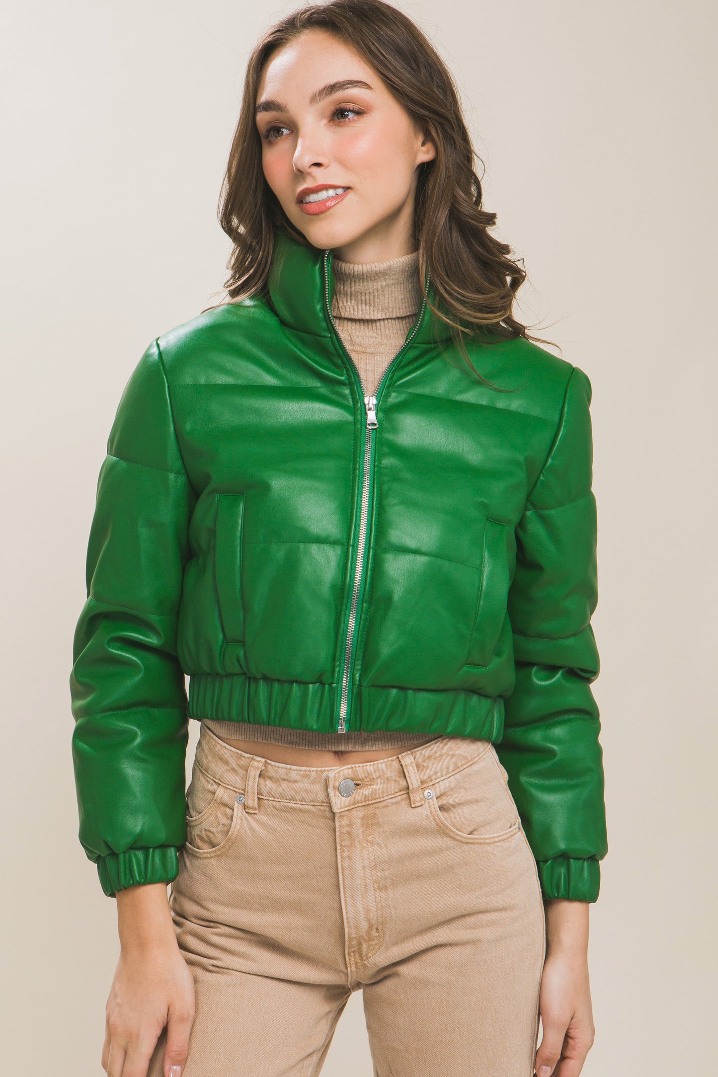 faux leather crop puffer jacket