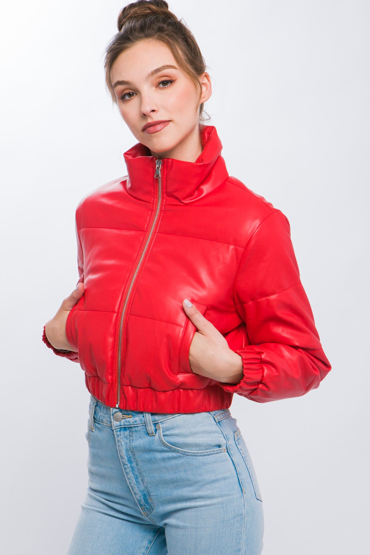 faux leather crop puffer jacket