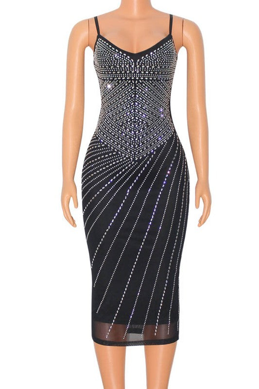 rhinestone studded sleeveless midi dress