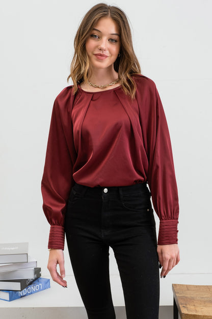 long sleeve pleated satin top