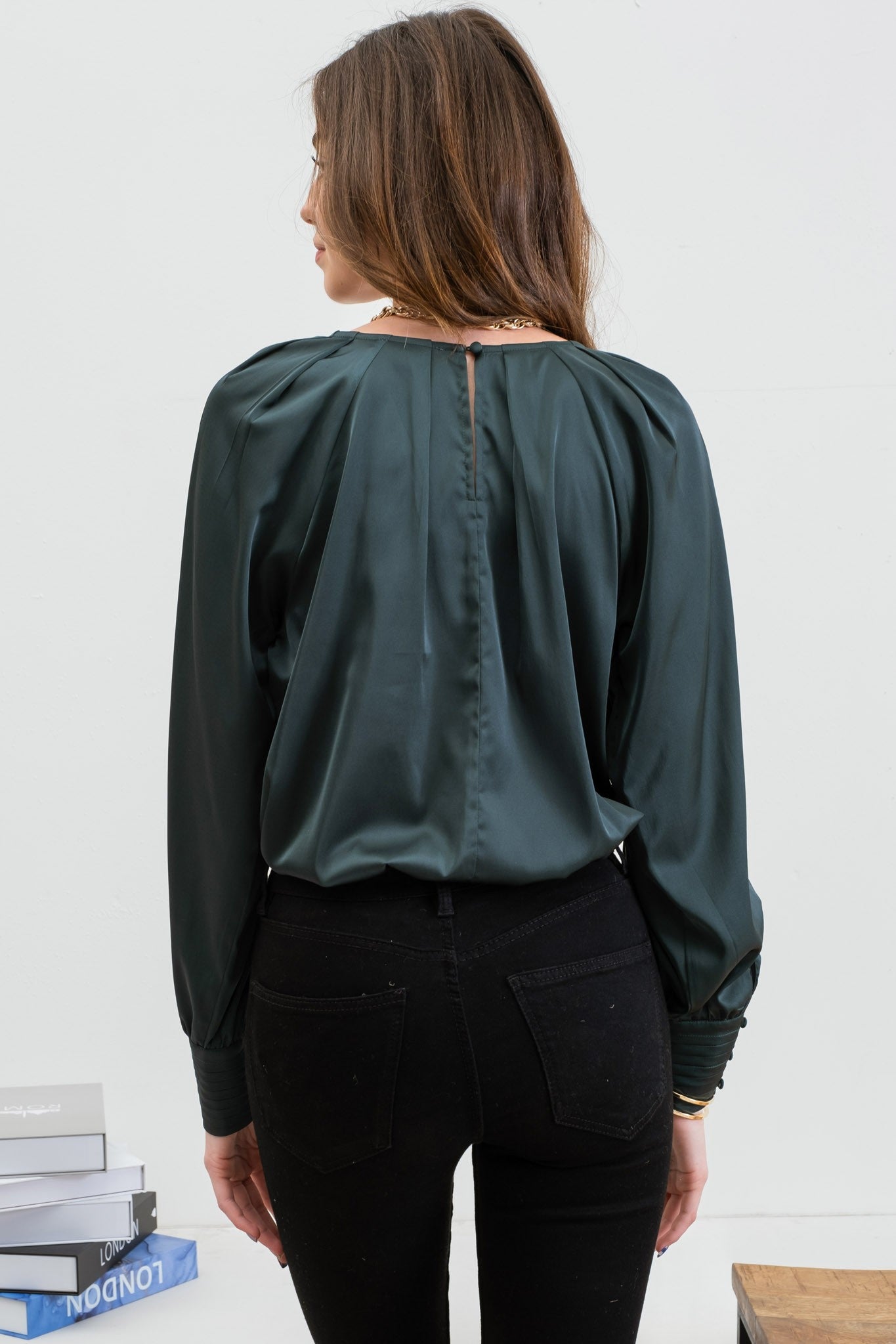 long sleeve pleated satin top