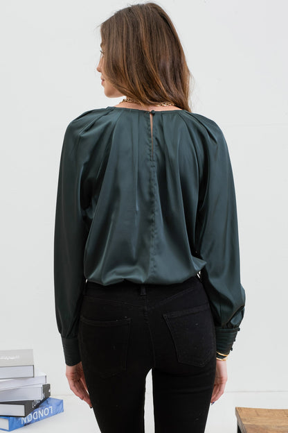 long sleeve pleated satin top