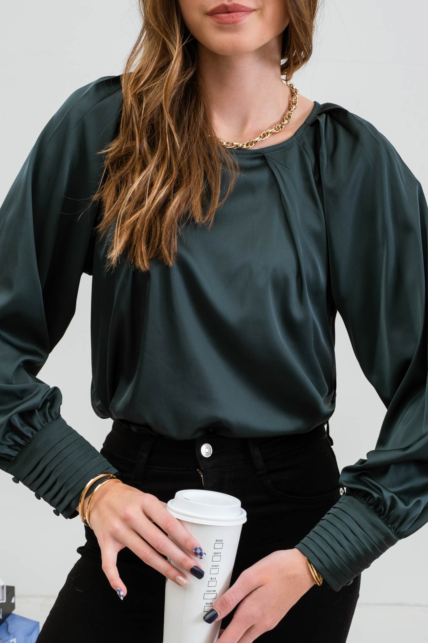 long sleeve pleated satin top