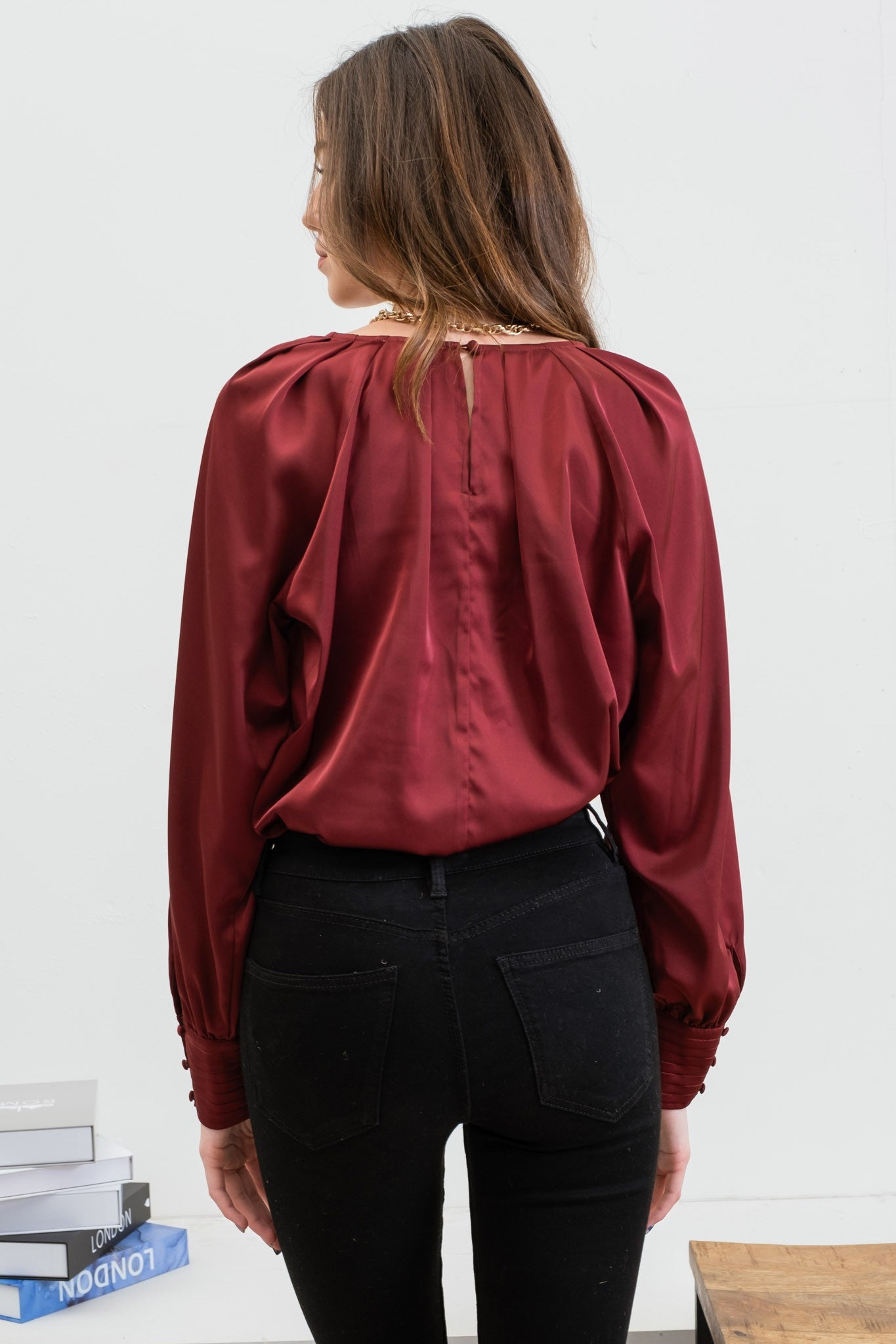 long sleeve pleated satin top