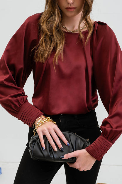 long sleeve pleated satin top