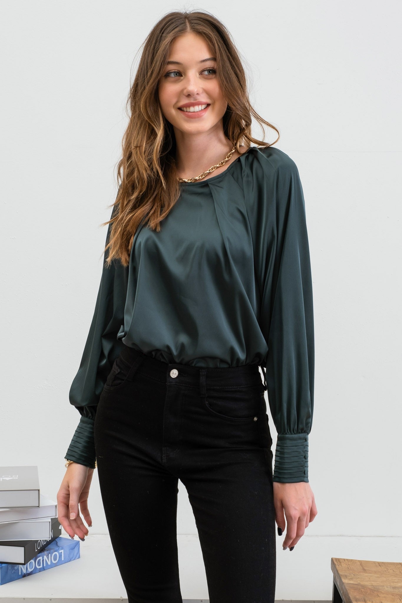 long sleeve pleated satin top