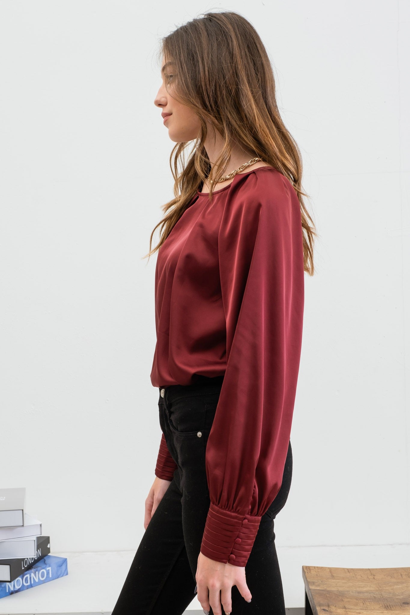 long sleeve pleated satin top