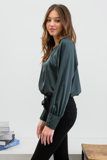 long sleeve pleated satin top