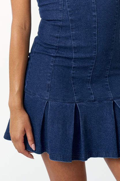 pleated hem strapless denim dress