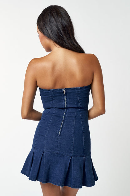 pleated hem strapless denim dress