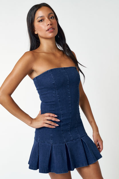 pleated hem strapless denim dress