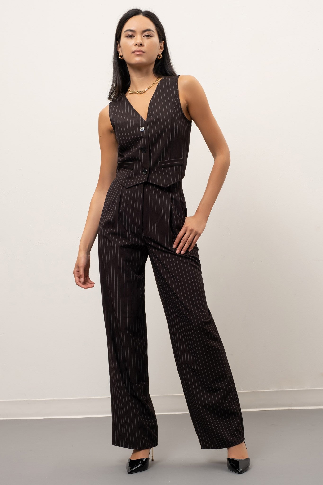 pinstripe high waist wide leg pants