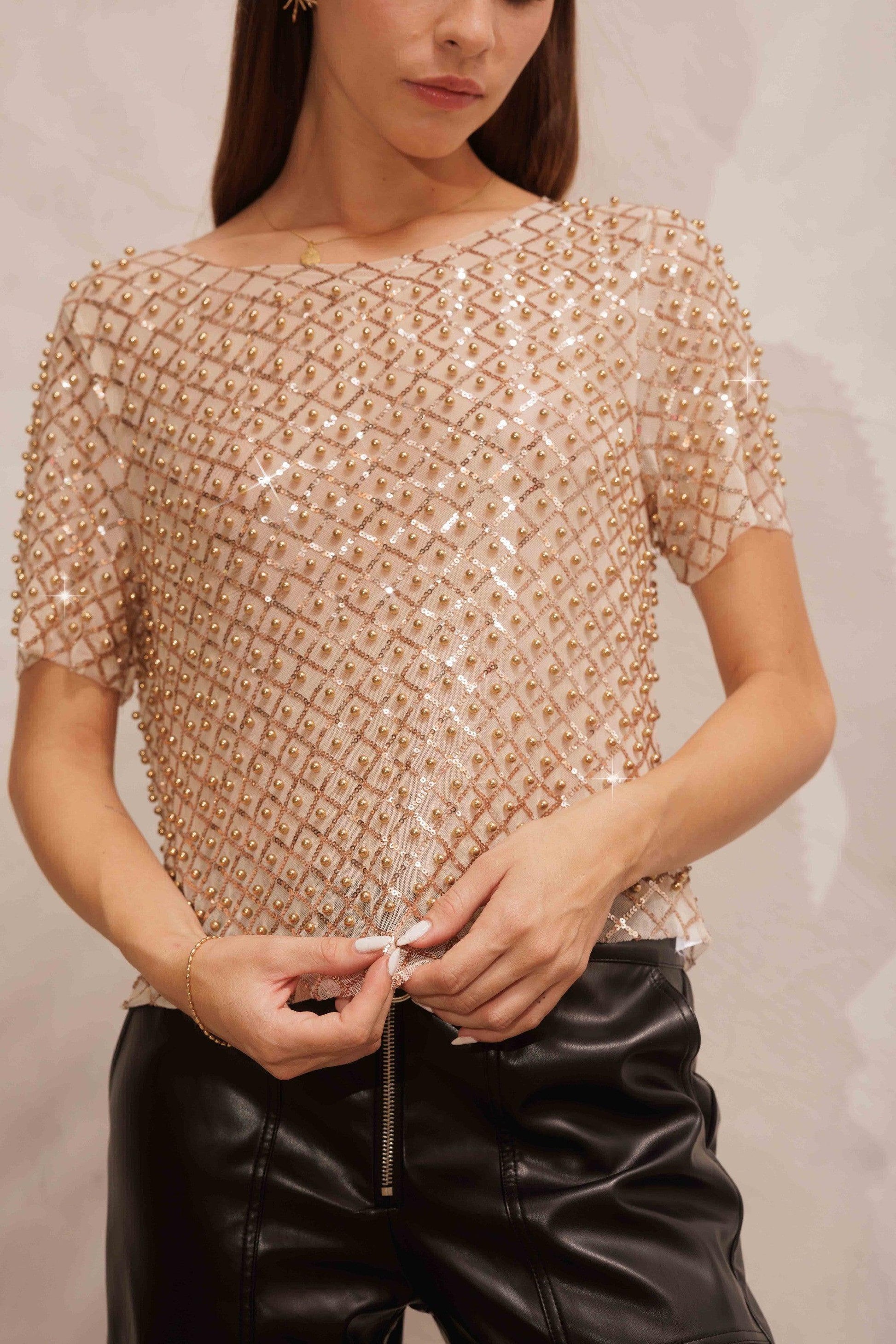 mesh sequin & pearl short sleeve top - RK Collections Boutique