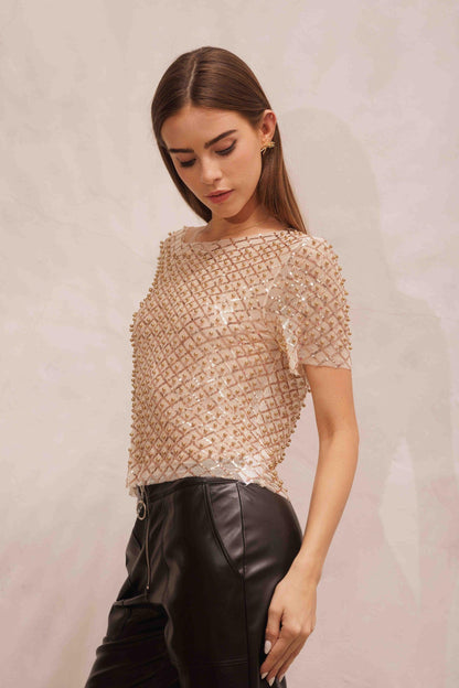 mesh sequin & pearl short sleeve top - RK Collections Boutique