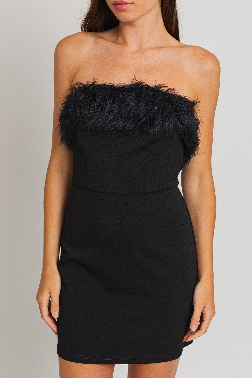 fur fringe strapless bodysuit dress