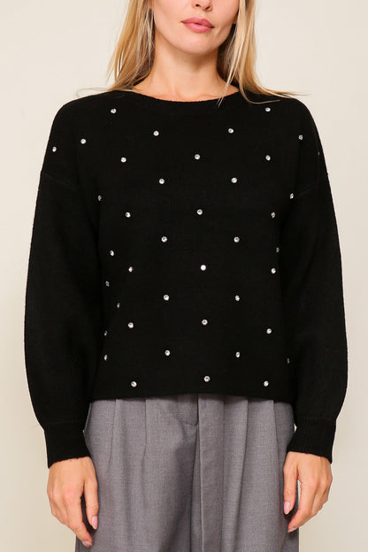 Rhinestone Studded Crew Neck Sweater