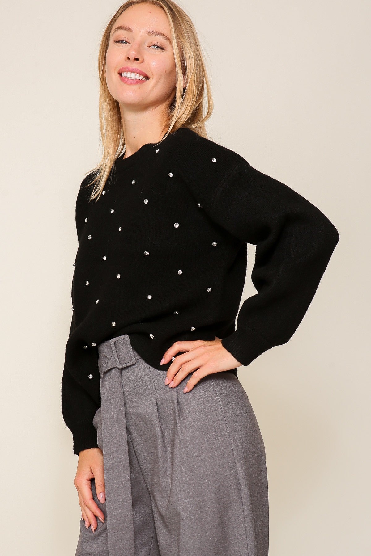 Rhinestone Studded Crew Neck Sweater