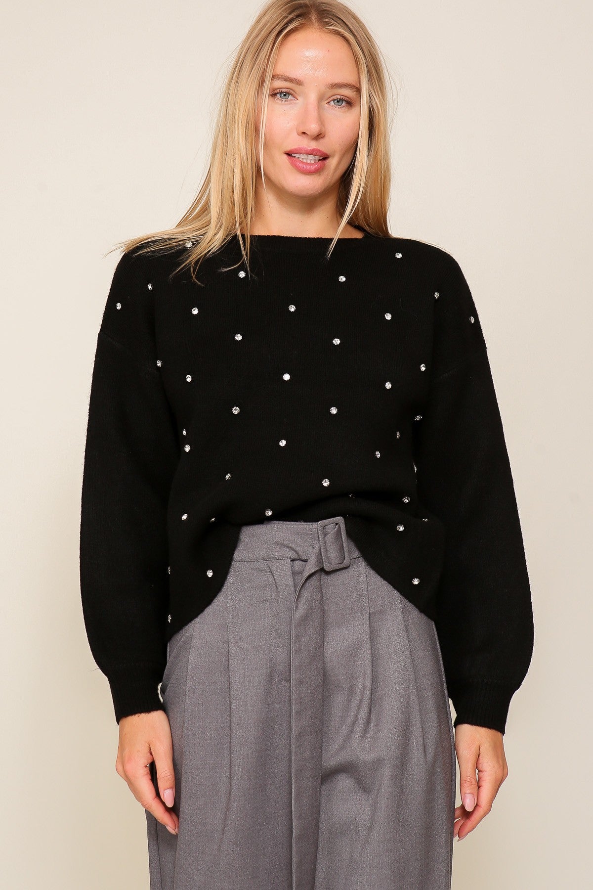 Rhinestone Studded Crew Neck Sweater