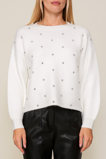 Rhinestone Studded Crew Neck Sweater